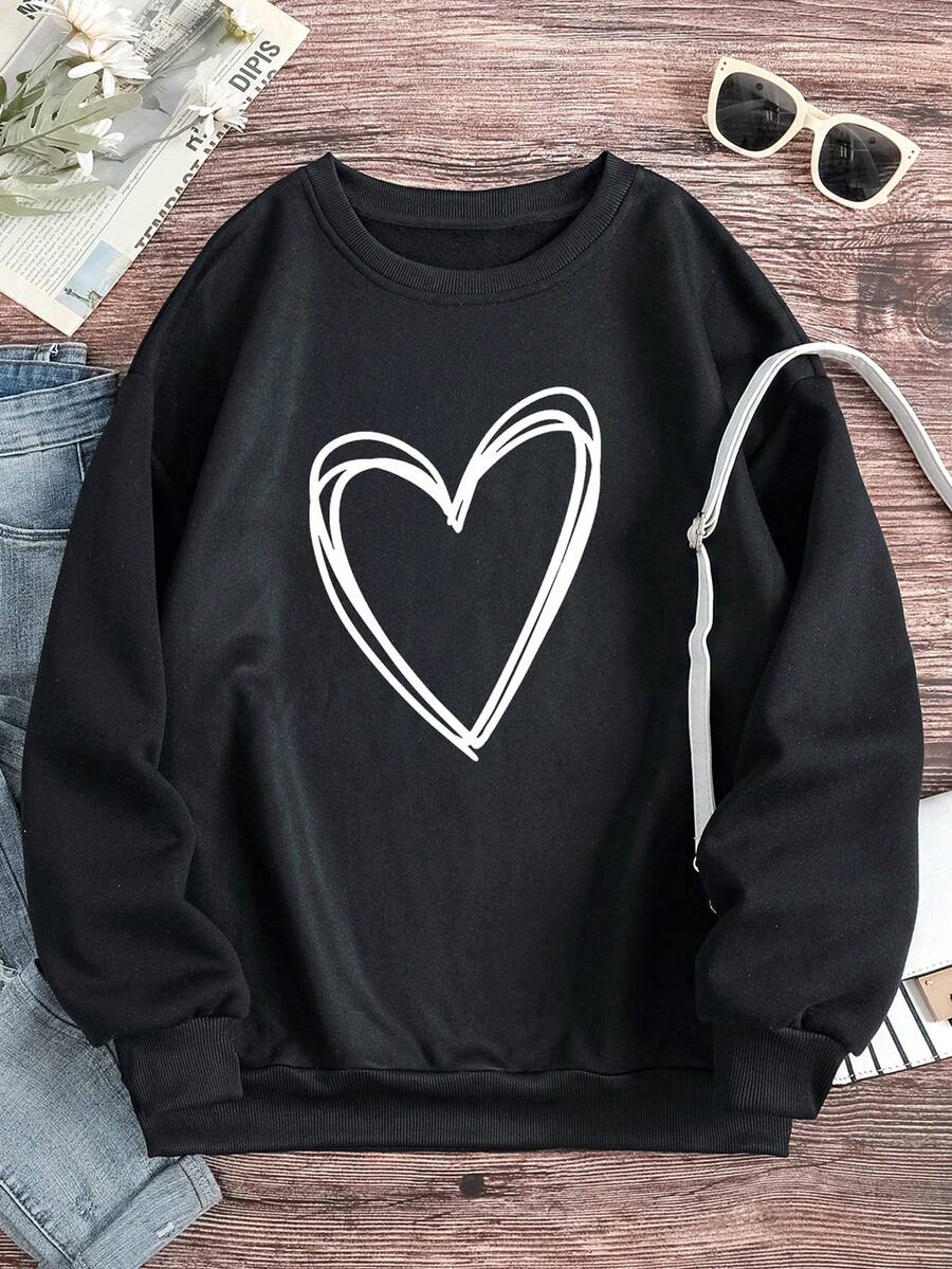 SHEIN LUNE 心形印花保暖内衬运动衫，春季上衣 - 黑色 - 查看 1