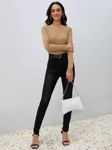 SHEIN Clasi Camiseta con cuenta de perla tejido de canalé - Camel - Ver 4