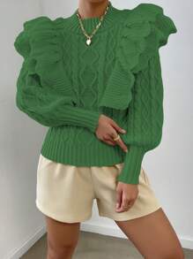 SHEIN Privé Jersey ribete con fruncido tejido de cable ribete con fruncido de manga farol - Verde - Ver 3