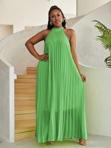 Astrid Plus Size Women's Loose Fit Solid Color Pleated Halter Neck Vacation Dress - Mint Green - View 4