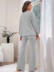 3pcs Solid Ribbed Knit Lounge Set - Light Grey - View 2