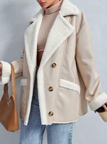 SHEIN Cottnline Teddy Lined Drop Shoulder PU Leather Coat - Beige - View 3