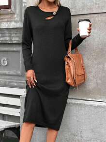 SHEIN LUNE Cut Out Button Detail Sweater Dress Fall Cloth For Women - Black - View 1