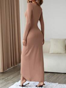 SHEIN Privé Women's Ruffled Slit Hem Dress - Brown - View 2