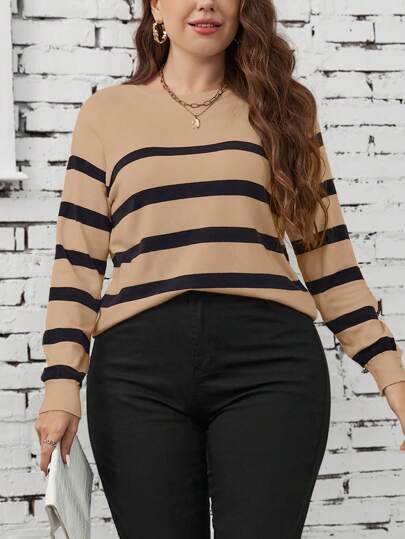 SHEIN LUNE Plus Size Women's Contrast Color Simple Crew Neck Long Sleeve Pullover Sweater For Autumn & Winter Fall