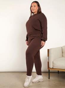 SHEIN BASICS Talla grande Jersey de hombros caídos & Pantalones de cintura con cordón tejido - Café integral - Ver 4