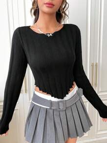 SHEIN EZwear Solid Lettuce Trim Asymmetrical Hem Crop Sweater