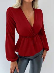 RueChic Surplice Neck Lantern Sleeve Peplum Blouse - Red - View 3