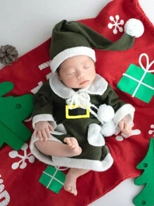 Baby Girl Grafik Muster, Kontrastsaum, Strick Jumpsuit mit & Hut Foto Outfit