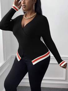 Slaydiva Plus Striped Trim Crossover Sweater