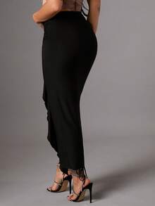 SHEIN BAE Falda unicolor ribete con fruncido de muslo con abertura - Negro - Ver 3