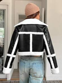 SHEIN EZwear Teddy Lined Zip Up Crop Jacket - Black and White - View 3