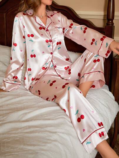 Cherry Print Contrast Piping Satin PJ Set / Pajama Set, Fall Winter Clothes