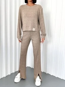 EURMUSE Women's Round Neck Long Sleeve Top And Split Hem Pants Two-Piece Set - Camel - View 1