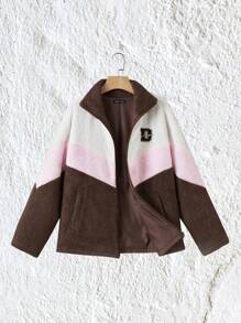 SHEIN EZwear Letter Embroidery Colorblock Drop Shoulder Teddy Coat - Multicolor - View 1