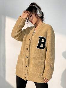 SHEIN EZwear Thư được vá Thả vai Áo khoác Teddy - màu nâu - Xem 6