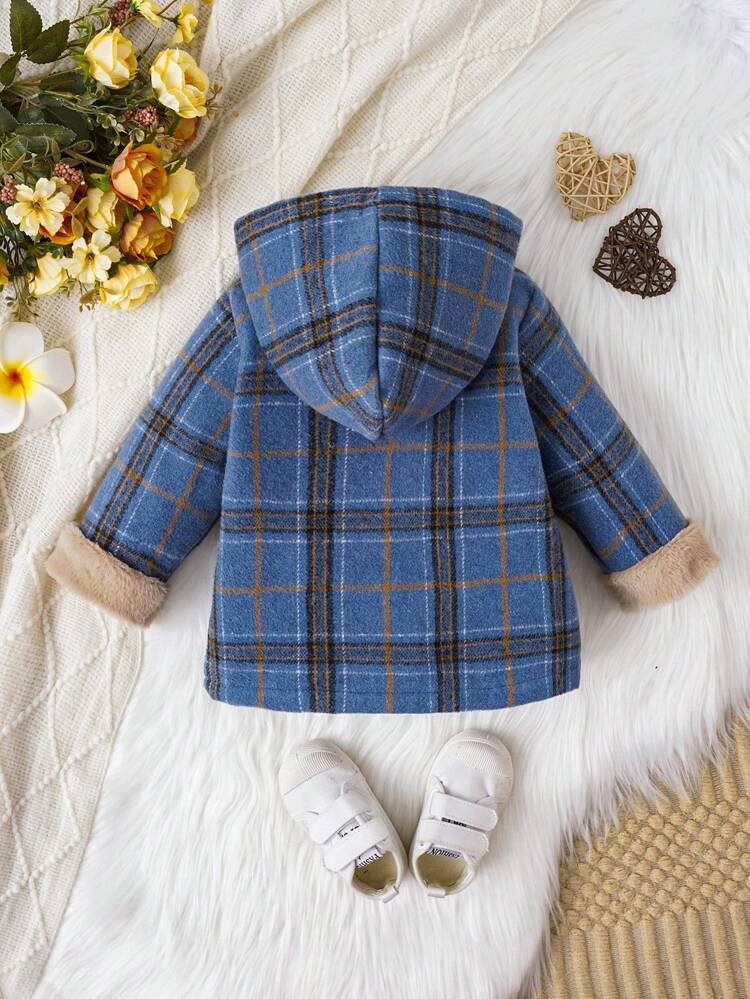 Baby Boy Plaid Print Teddy Panel Hooded Thermal Lined Overcoat