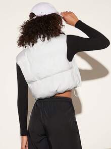 SHEIN BASICS 抽绳下摆拉链短款背心夹棉外套 - 白色 - 查看 2