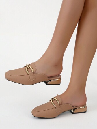 金屬裝飾方頭平底穆勒鞋