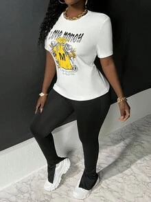 Slaydiva 天使錢袋印花t恤兩件套裝 - 黑與白 - 查看 3