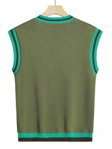 Manfinity Hypemode 男士條紋飾邊麻花編織毛衣背心 - 綠色 - 查看 2