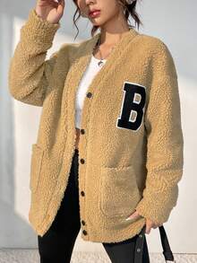 SHEIN EZwear Thư được vá Thả vai Áo khoác Teddy - màu nâu - Xem 4