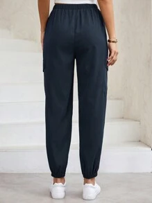 SHEIN LUNE 側翻蓋口袋腰部抽繩工裝褲 - 藏蓝色 - 查看 2