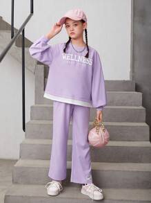 Tween Girl Letter Graphic Drop Shoulder 2 In 1 Pullover & Pants - Mauve Purple - View 1