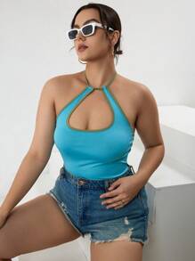 INAWLY Plus Contrast Binding Cut Out Tie Backless Halter Top
