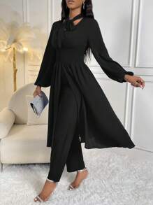 SHEIN Lady Cà vạt Tay áo lồng đèn Viền chia cắt Áo thun & Quần - màu đen - Xem 4