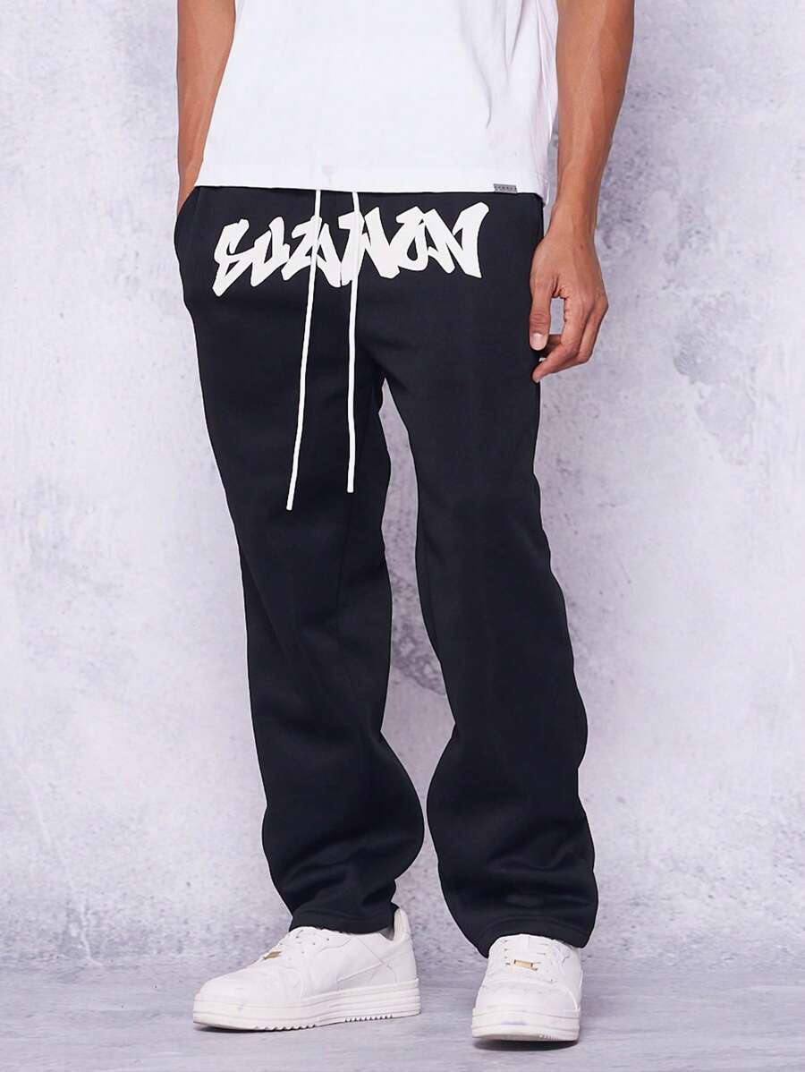 SUMWON Designer Logo Sweatpants Wide Leg Athletic Loungewear Pants Streetwear Relaxed Fit Comfort Sports Athleisure Drawstring Waistband Winter Casual - Black - View 1