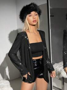 SHEIN ICON 開門襟亮片外套 - 黑色 - 查看 5