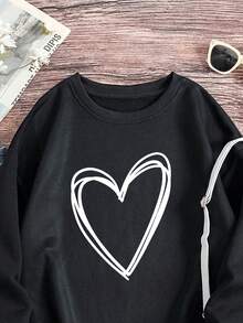 SHEIN LUNE 心形印花保暖内衬运动衫，春季上衣 - 黑色 - 查看 3