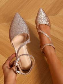 女性雙搭扣設計金屬質感金屬亮絲鏤空鞋,優雅夏天玫瑰金平底鞋適用於跳舞 - 玫瑰金 - 查看 4