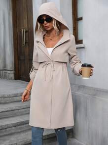 SHEIN Essnce 捲邊袖腰部抽繩連帽風衣外套 - 卡其色 - 查看 1