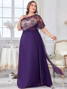 Plus One Shoulder Contrast Lace Chiffon Bridesmaid Dress - Purple - View 5