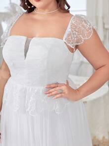 Plus Contrast Lace Mesh Wedding Dress - White - View 5