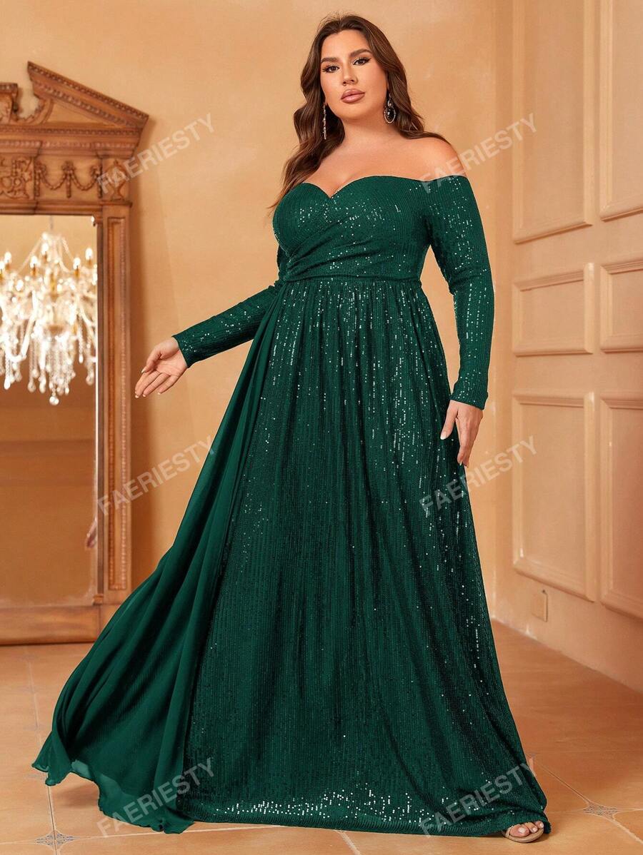 Faeriesty Plus Off Shoulder Ruched Front Draped Side Sequin Dress