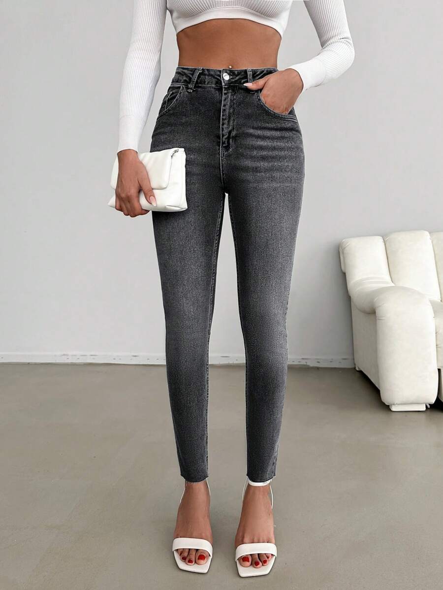 SHEIN Cottnline Washed Denim Skinny Jeans - Grey - View 1