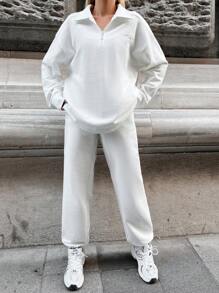 EURMUSE Letter Print Zipper Half-Placket Drop Shoulder Hoodie And Sweatpants - White - View 1