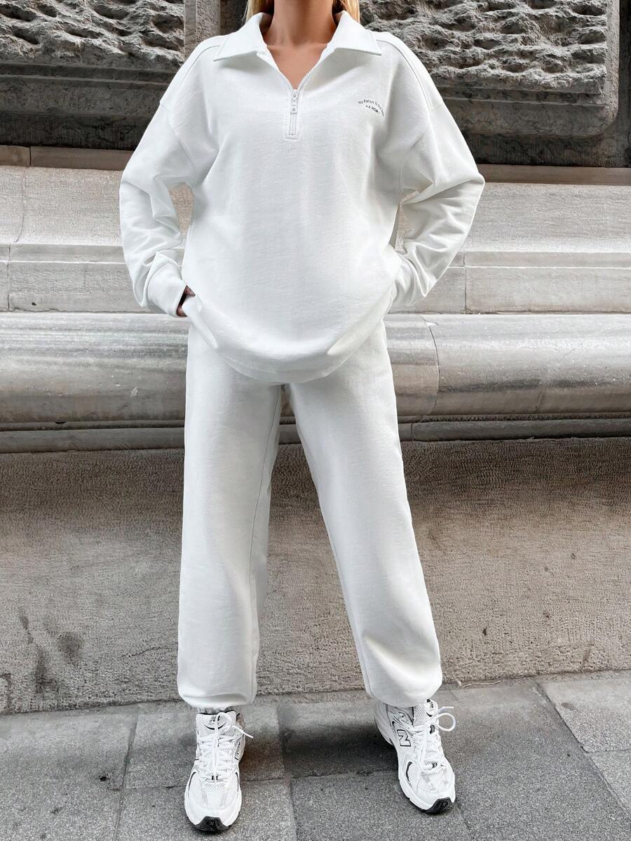 EURMUSE Letter Print Zipper Half-Placket Drop Shoulder Hoodie And Sweatpants - White - View 1