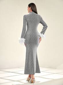 Modelyn Fuzzy Cuff Mock Neck Glitter Dress - Silver - View 2