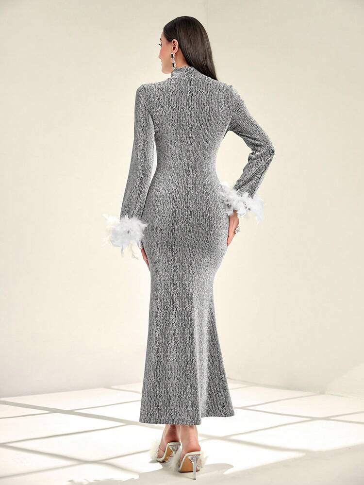 Fuzzy Cuff Mock Neck Glitter Dress