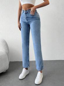 EURMUSE High Waist Straight Leg Jeans - Medium Wash - View 3