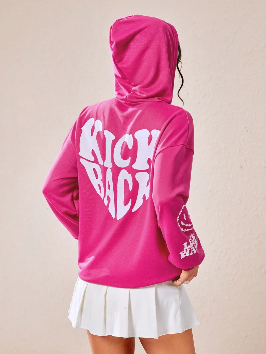 SHEIN EZwear Chữ cái & Đồ họa hoạt hình Thả vai Hoodie - Hồng - Xem 1