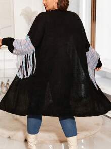 SHEIN Unity Plus Space Dye Drop Shoulder Fringe Trim Duster Cardigan - Black - View 1