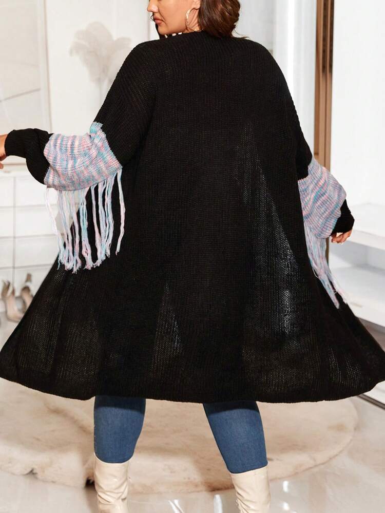 Plus Space Dye Drop Shoulder Fringe Trim Duster Cardigan