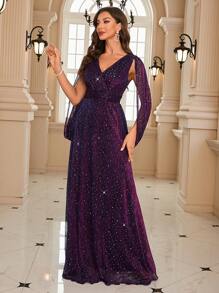 Split Sleeve Sequin Prom Dress - Purple - View 5