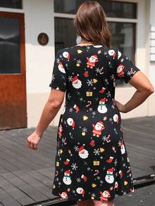 AAmilife Plus Christmas Print Hidden Pocket Dress - Black - View 2