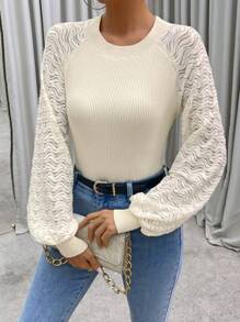 Chiquease Contrast Raglan Sleeve Pointelle Knit Pullover Fall Winter Sweater - Apricot - View 3